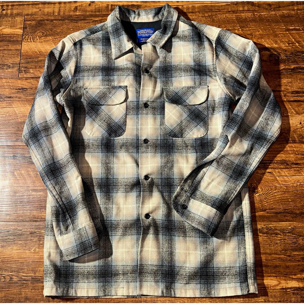 Pendleton Board Shirt Men's M Fitted Gray/Ivory Plaid Flannel Wool Pockets